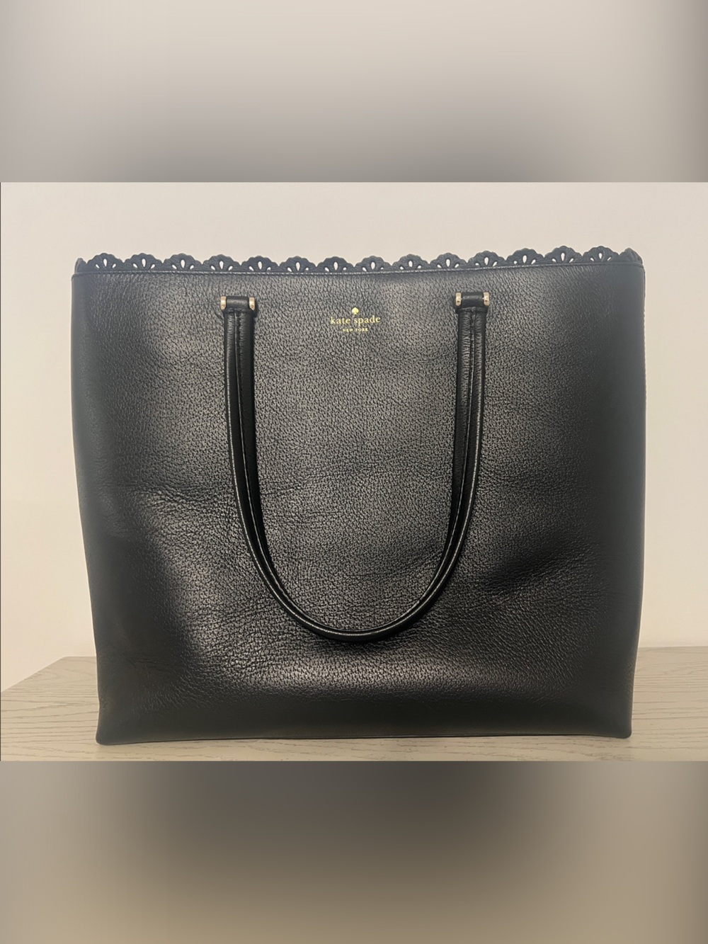 kate spade Black Leather Tote with Scalloped Trim
